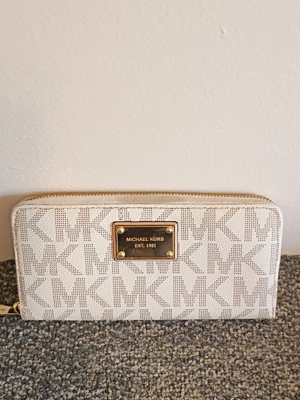 Michael Kors Cream and Tan Monogram Zip Wallet